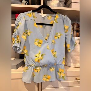 Socialite Light Blue Lemon Print Wrap Peplum Blouse